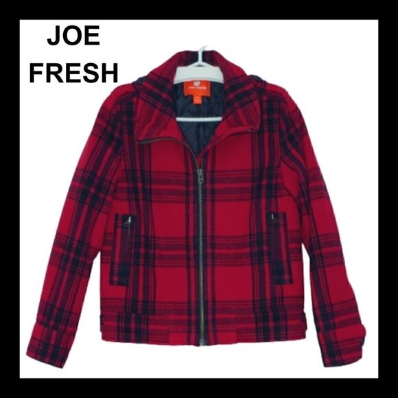 JOE FRESH black red plaid fall winter wool blend coat - Picture 1 of 11